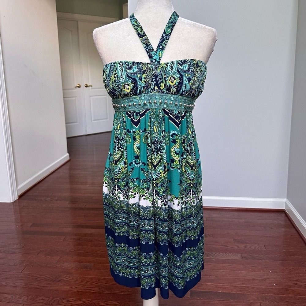Vintage Y2K Bohemian BOHO Blue Beaded Embellished Summer Dress Bech Zara Anthro